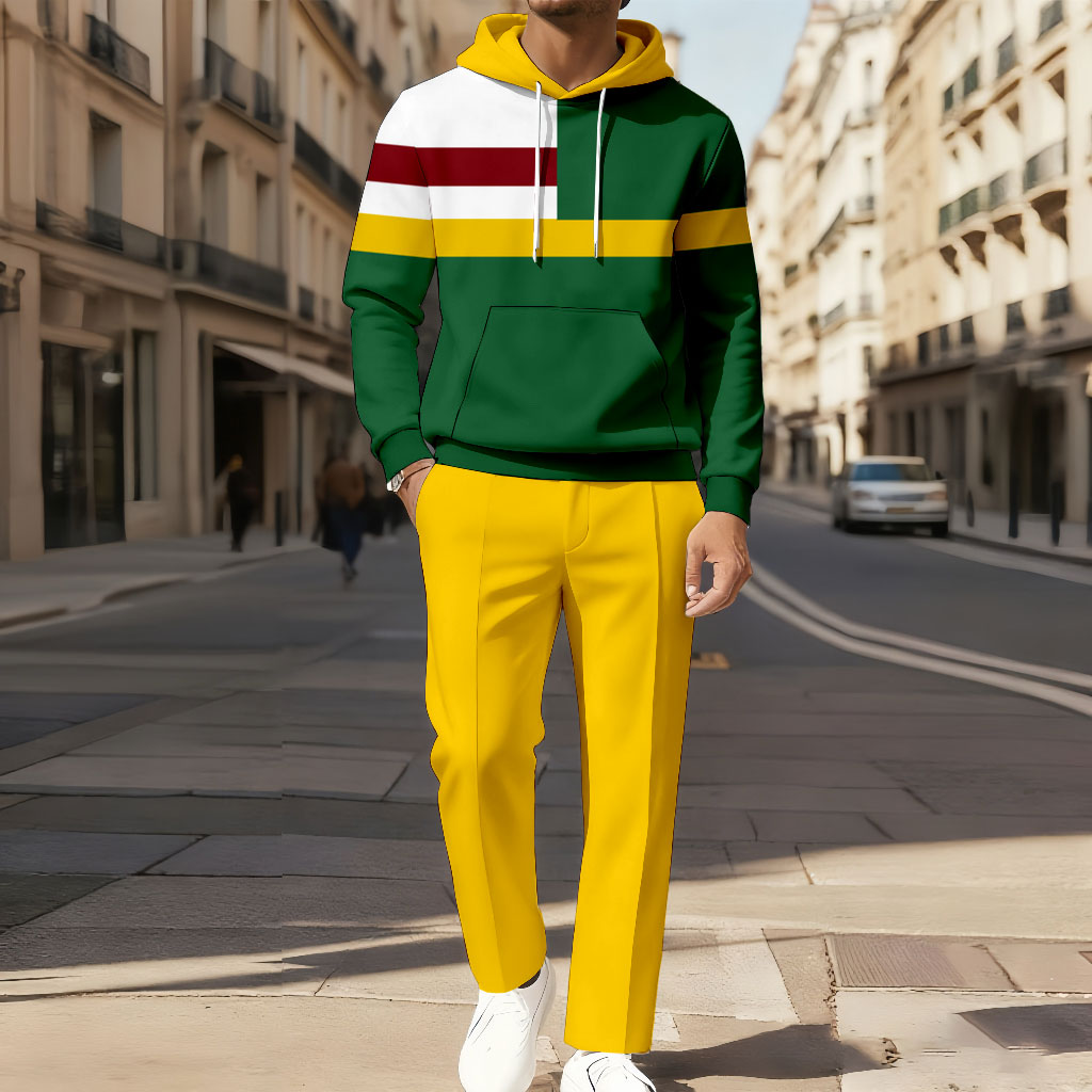 Conjunto de dos piezas casual Color Matching estampado de manga larga sudadera con capuchas sudadera & Trousers para hombre