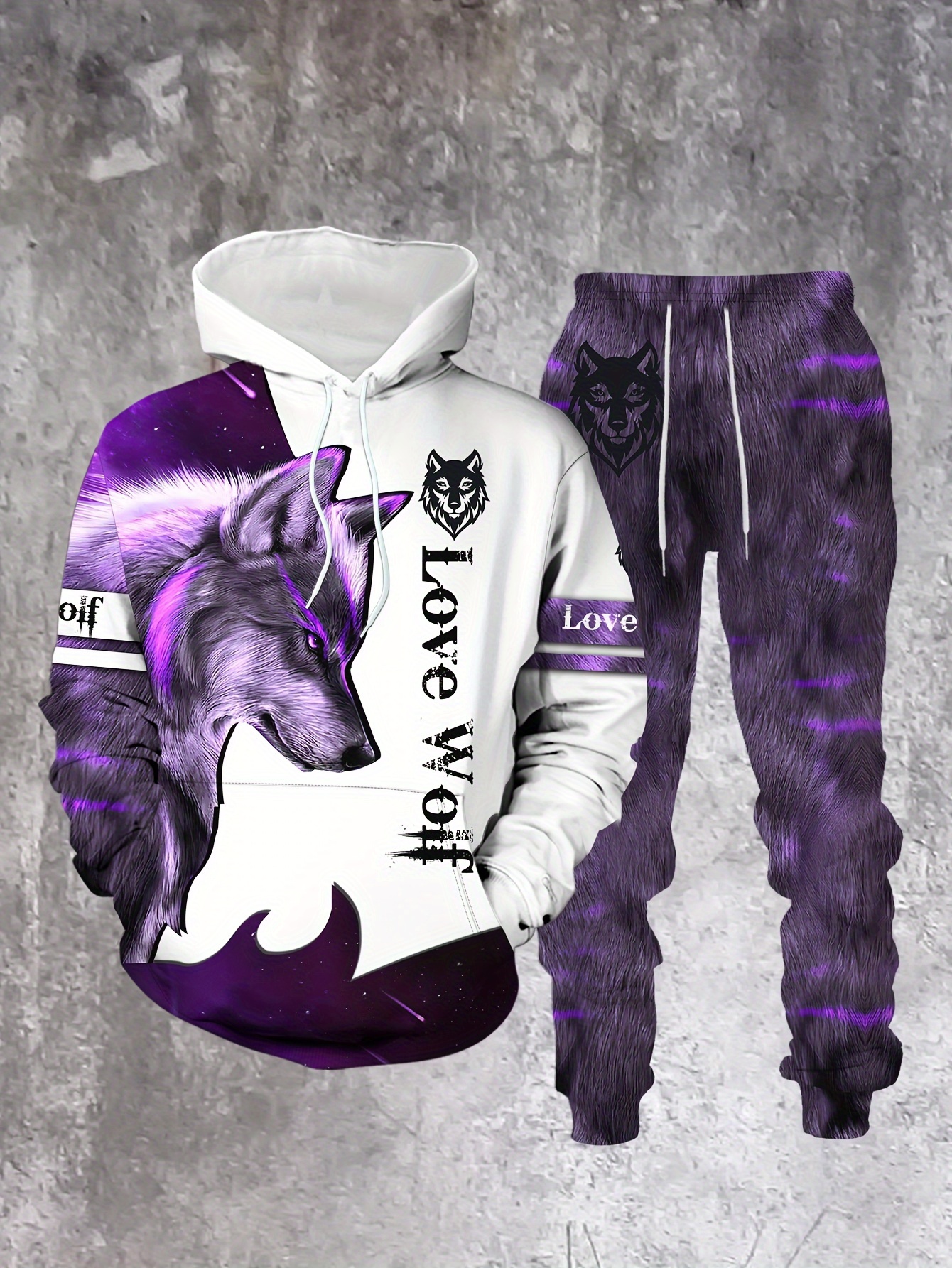 Conjunto de dos piezas casual “Love Wolf" estampado sudadera con capuchas de manga larga sudaderas & Sweatpantalón para hombre