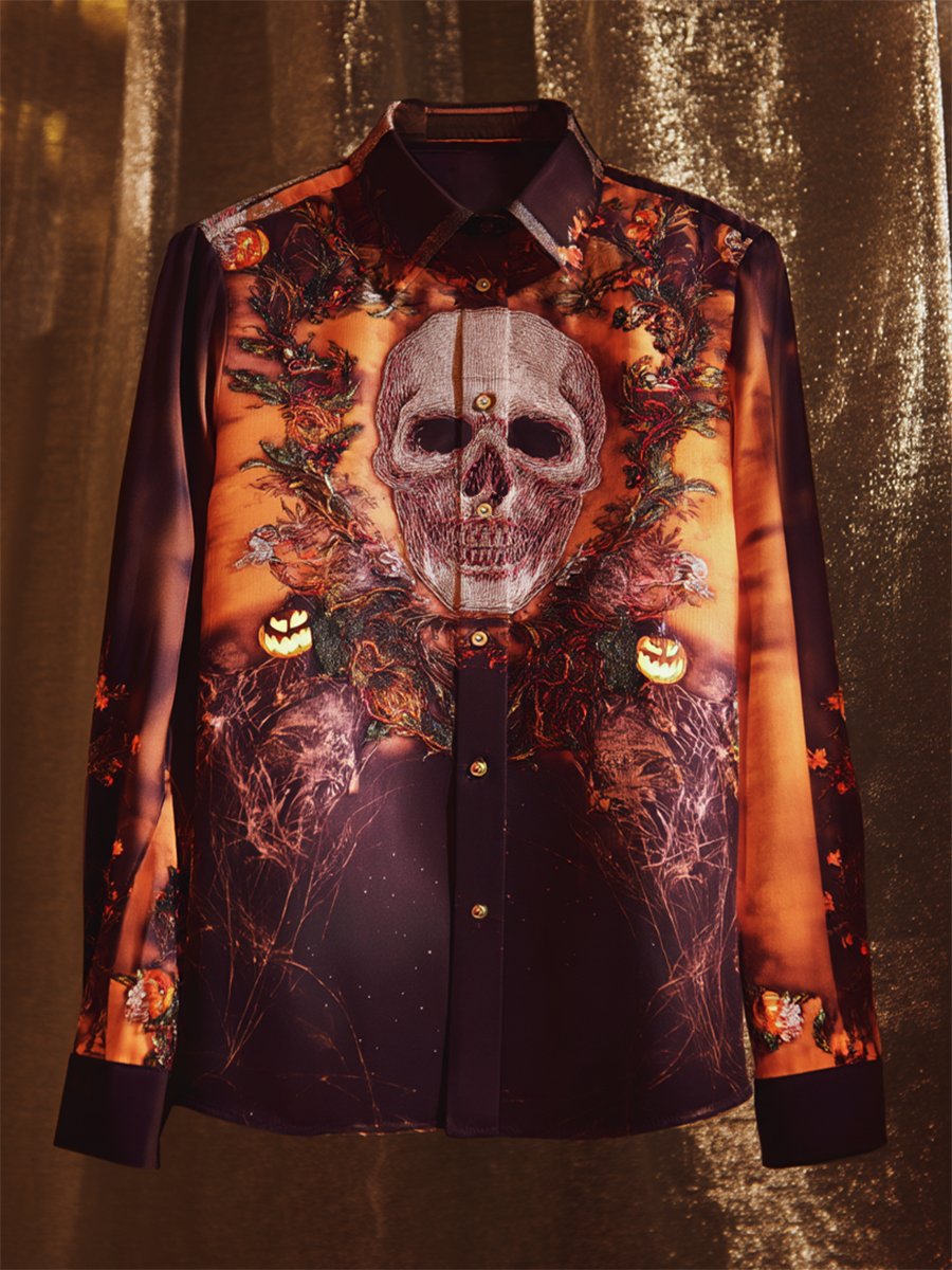 Camisa vintage Halloween estampado de manga larga para hombre