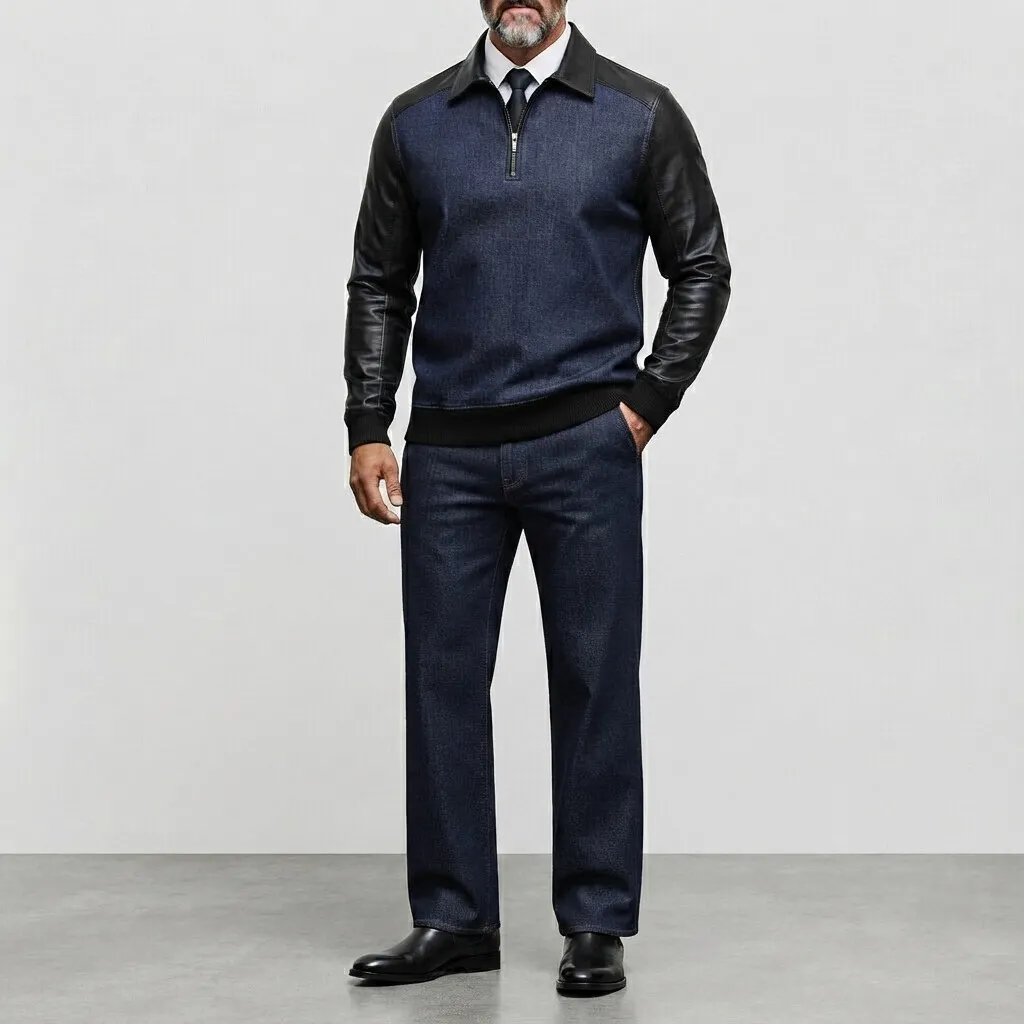 para hombre Denim PU Leather Patchwork de manga larga Half Zip Sweacamiseta
