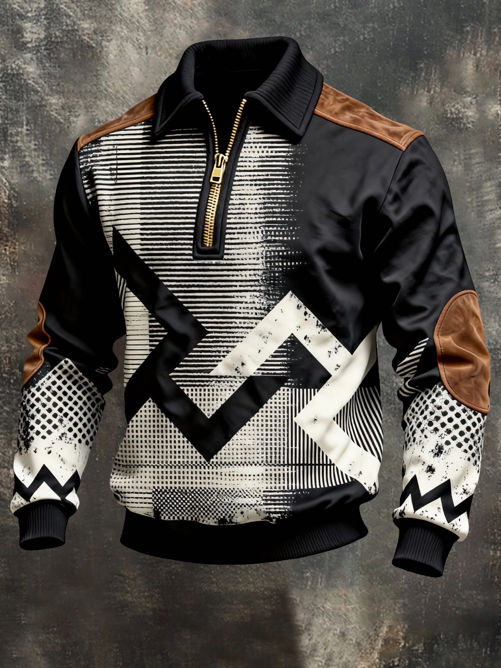 Sudadera vintage Color-Block estampado con cierre con gorrasucha para hombre
