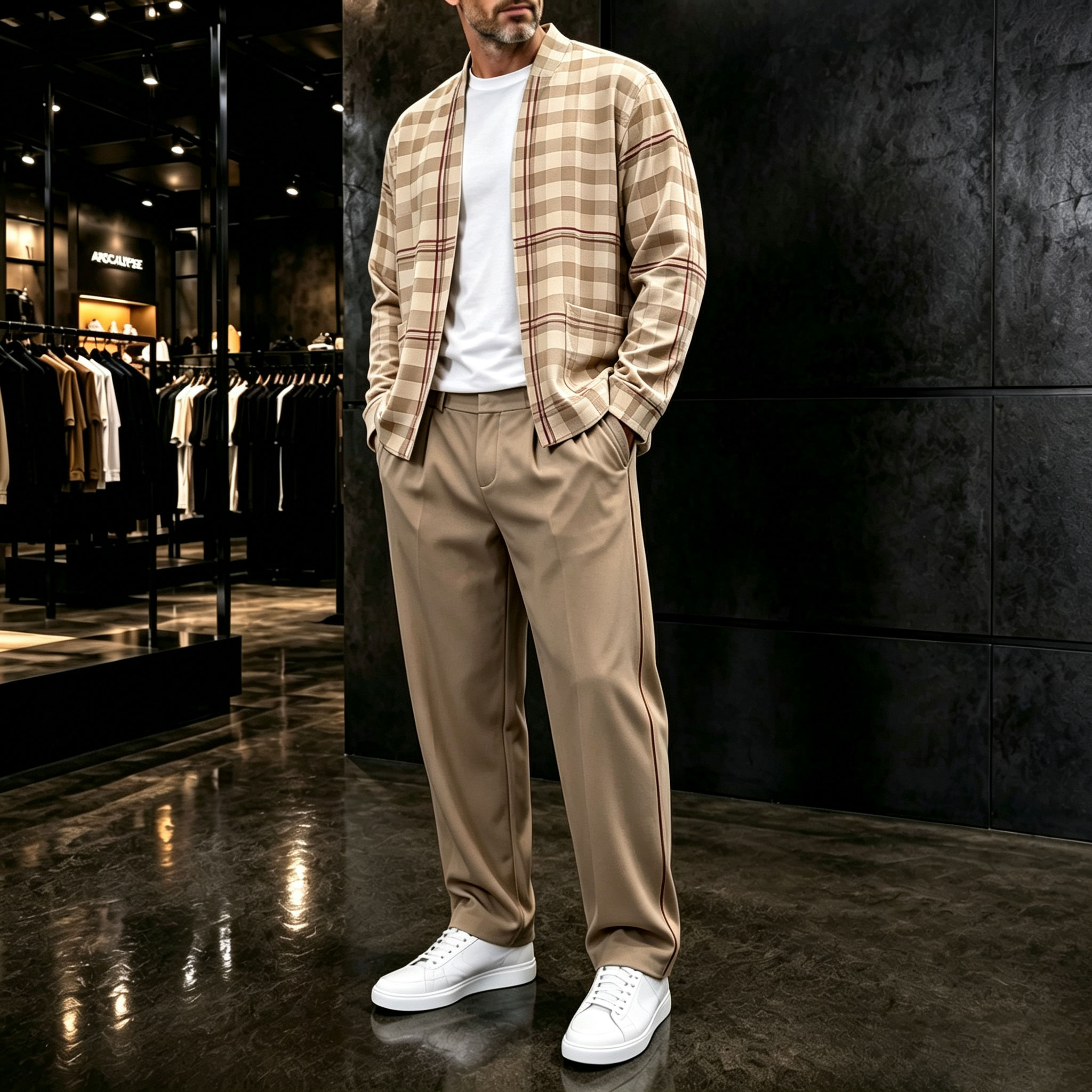 para hombre Checkered Cardigan and pantalón conjunto de dos piezas