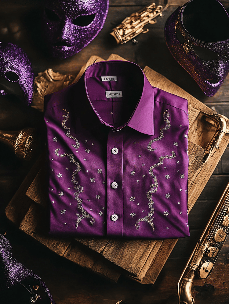 Camisa Purple Mardi Gras Theme de lujo de manga larga para hombre