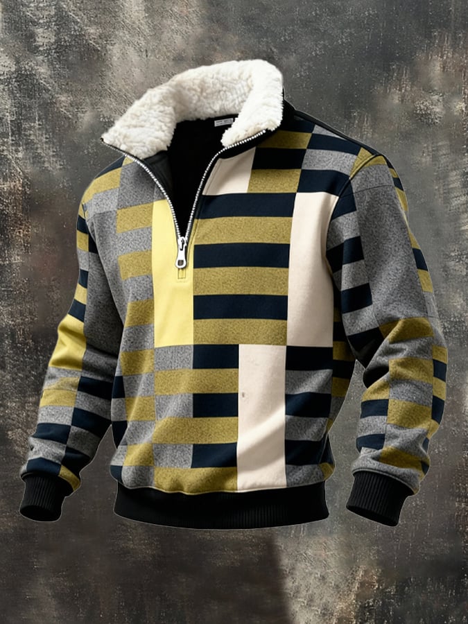 Sudadera retro en bloques de color estampado casual Fur cuello para hombre