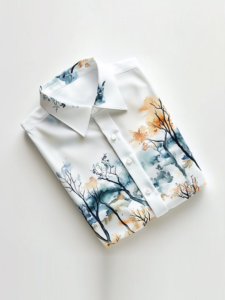 para hombre ejecutivo casual Watercolor Tree Lapel de manga corta camisa