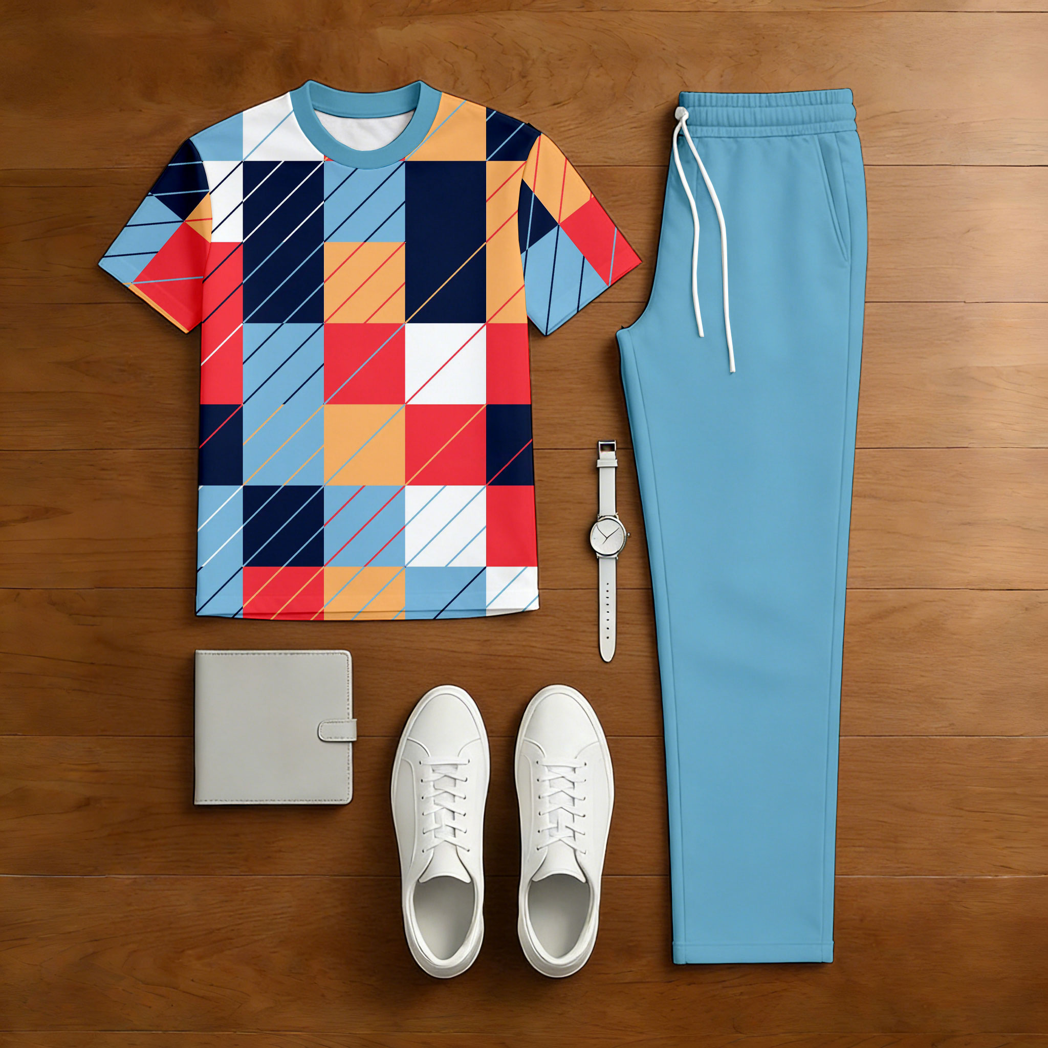 Conjunto de dos piezas casual Blue & Multi Color Matching Checkered estampado de manga corta camiseta & Trousers para hombre