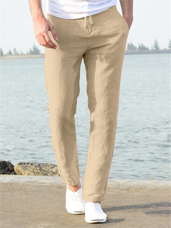 Casual de color sólido de algodón And de lino Drawstring Elastic Waist Trousers para hombre
