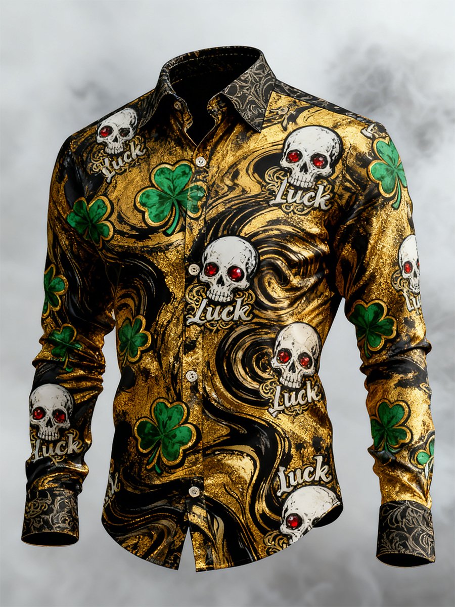 Camisa retro St. Patrick's Day Skull de manga larga para hombre