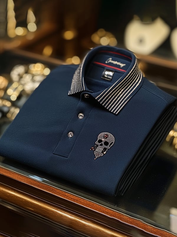 Camisa polo ejecutivo casual Skull estampado con botones para hombre