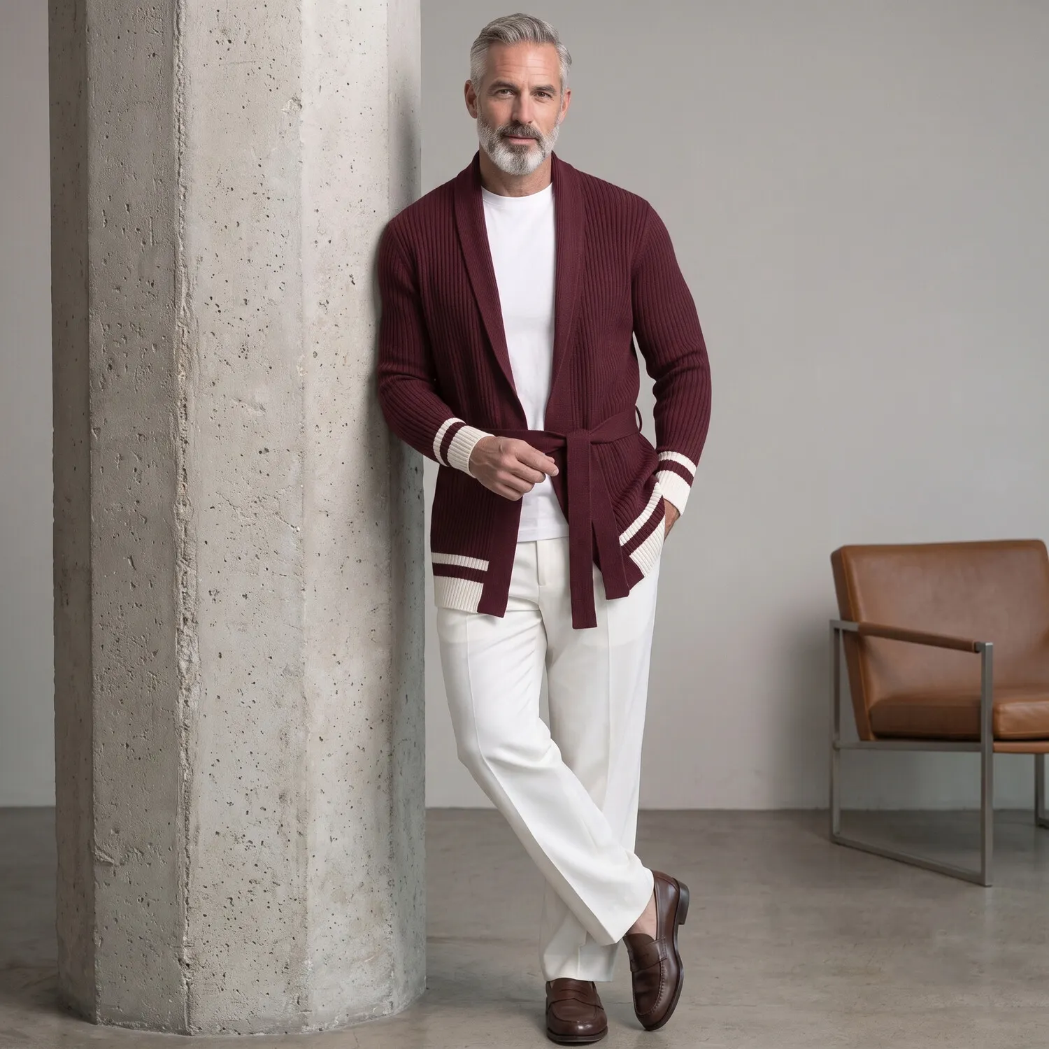 para hombre casual Shawl Collar Ribbed tejido Self Tie Belt Contrast a rayas de manga larga Open Front Cardigan