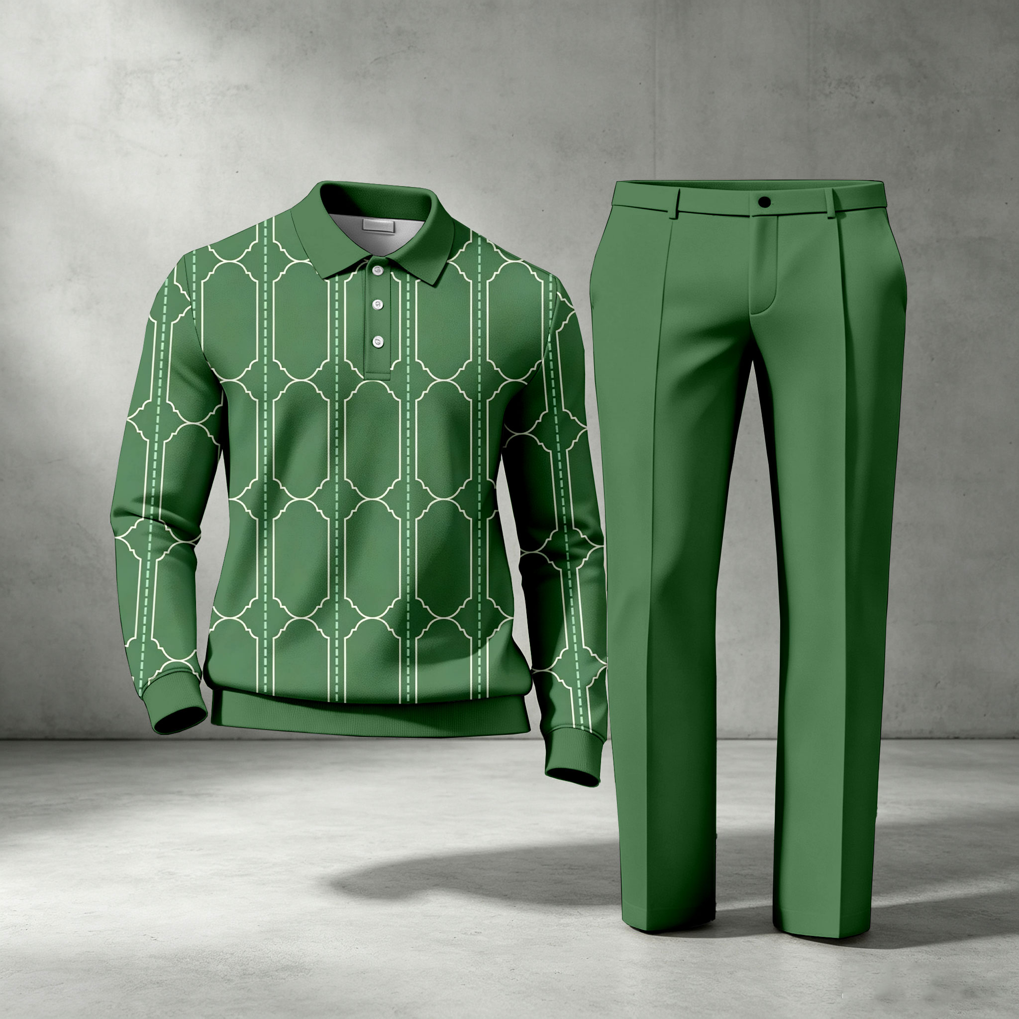 para hombre Green de manga larga camisa polo and pantalón conjunto de dos piezas
