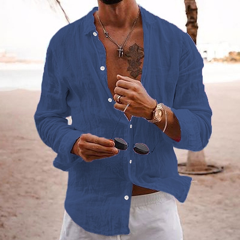Camisa de lino casual camisa Beach camisa Button Up camisa Plain Vacation Curise Black White Pink Navy Blue de manga larga solapa Spring & Summer Clothing Apparel Basic para hombre - vista 9