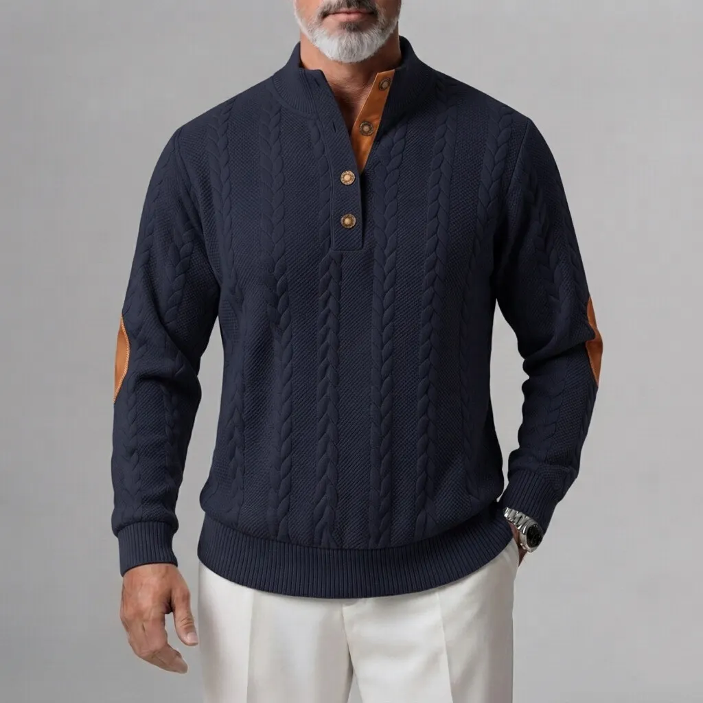 Sudadera Cable tejido Button Half Placket Stand Collar Patchpara trabajo para hombre