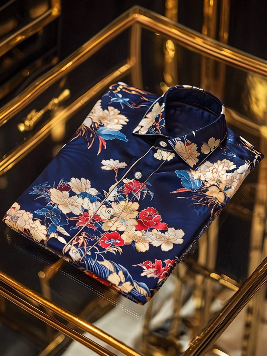 Camisa satén Ukiyo-E de lujo ejecutivo de manga larga para hombre