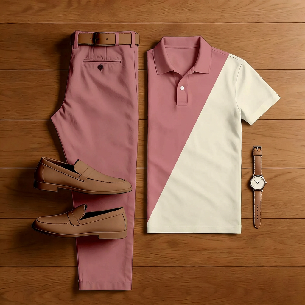Conjunto de dos piezas casual Color-Blocked Geometric estampado de manga corta camisa polo And Trousers para hombre