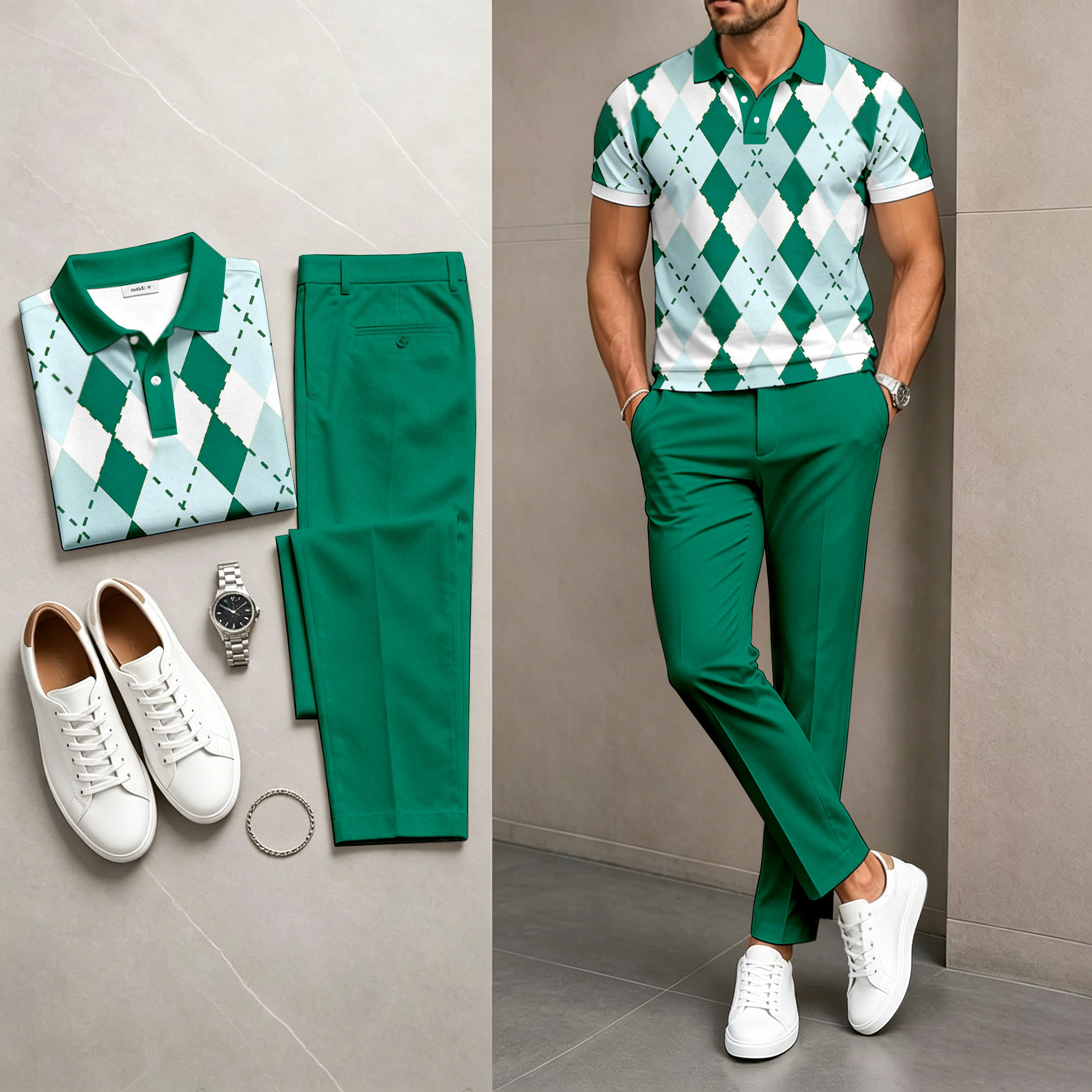 Conjunto de dos piezas casual Dark Green estampado camisa polo And pantalón para hombre