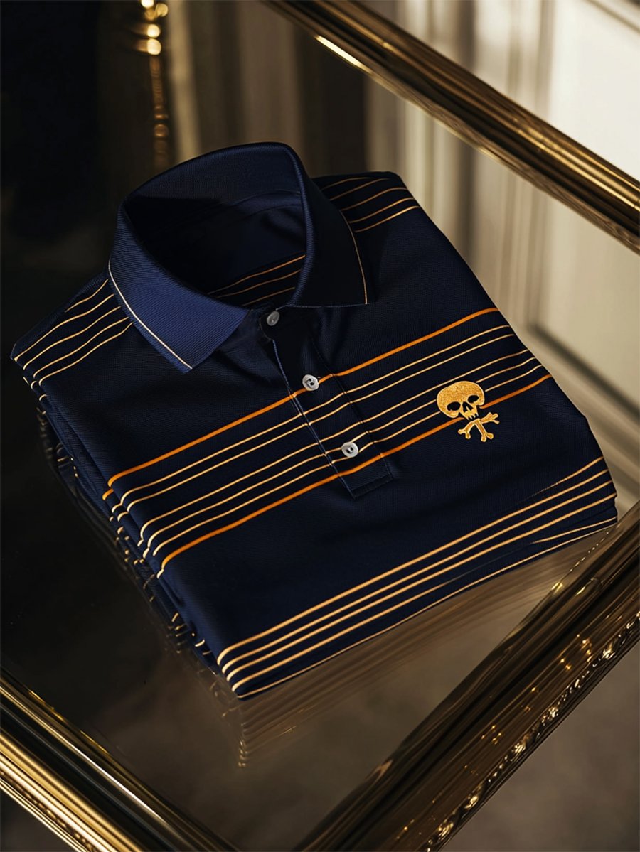 Camisa polo ejecutivo casual a rayas Skull Button de manga corta para hombre