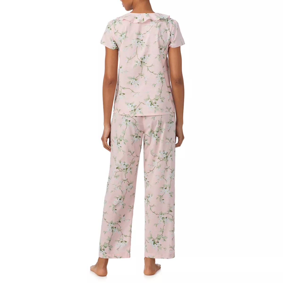 Short Sleeve Ruffle Neck Ankle Pant Pajama Set - 2
