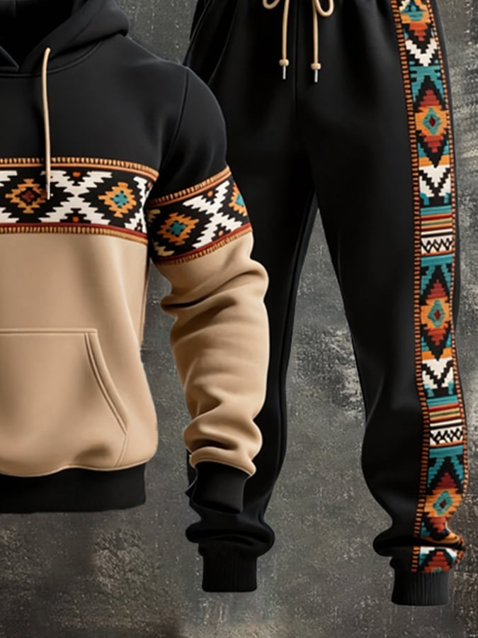 Sudadera retro desgastado Contrast Color Hooded casual Set para hombre