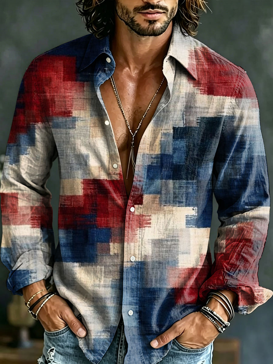 Camisa Independence Day Patterns casual Art estampado de manga larga Collared de algodón para hombre