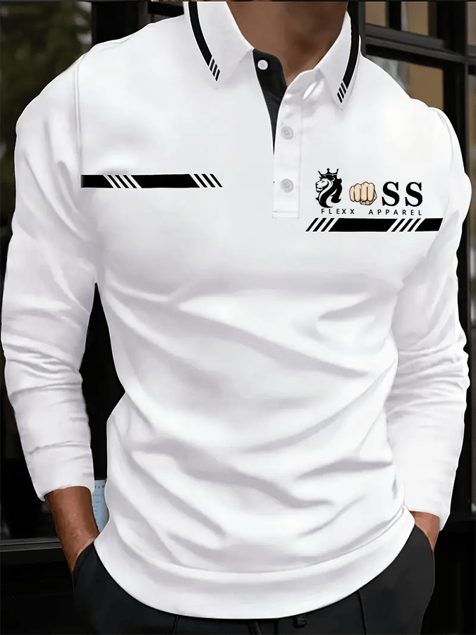 Camisa polo retro Letter Design ejecutivo de manga larga para hombre