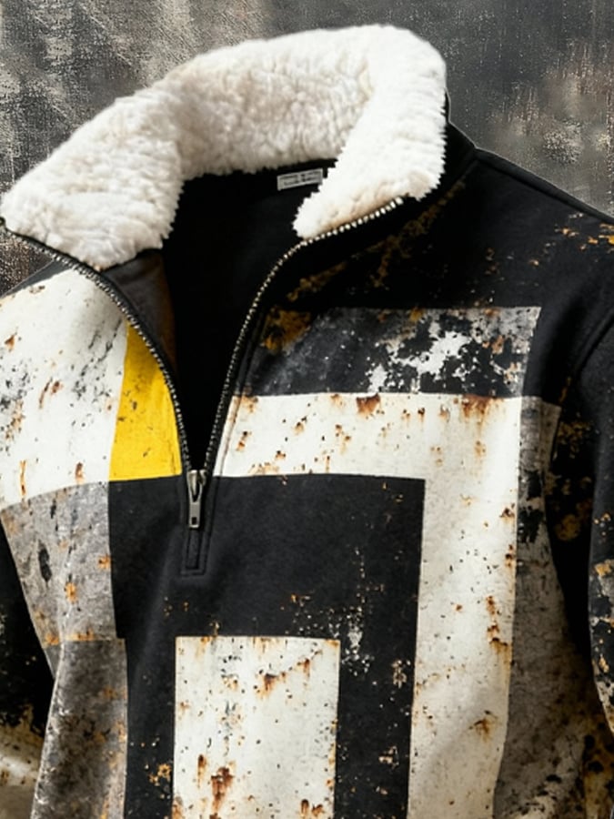 Sudadera retro en bloques de color estampado casual Fur cuello para hombre