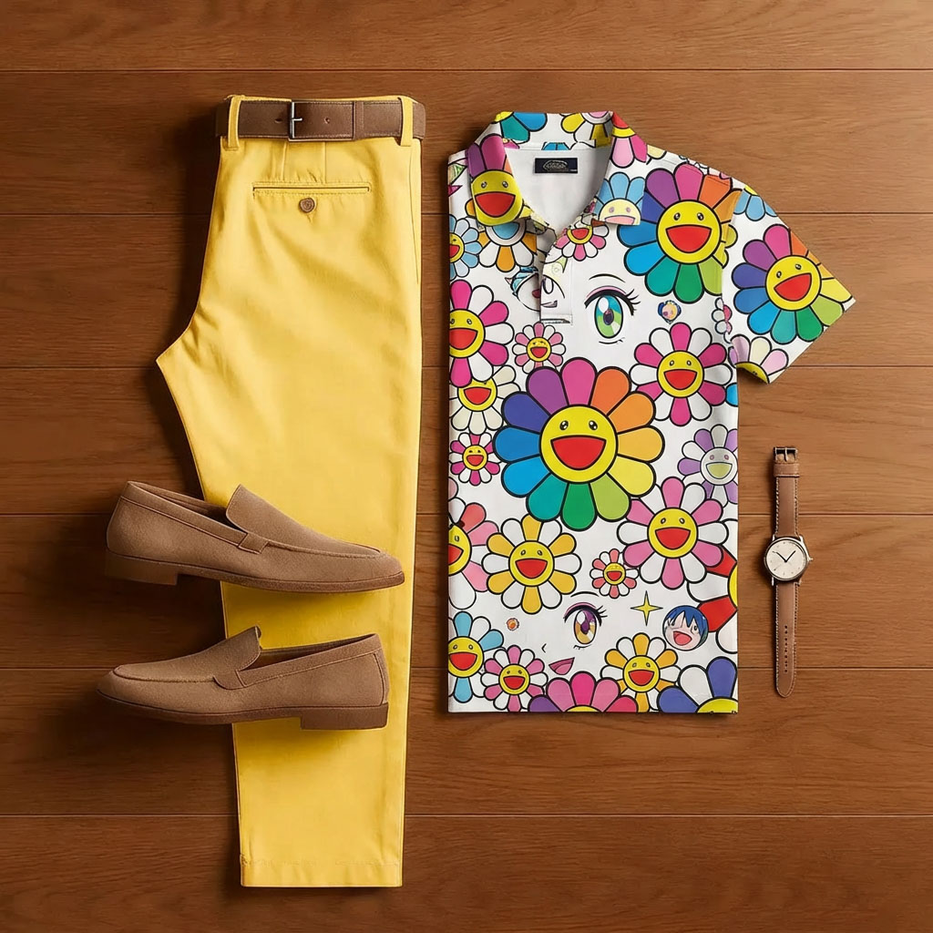 Conjunto de dos piezas casual Colorful floral de manga corta camisa And Trousers para hombre