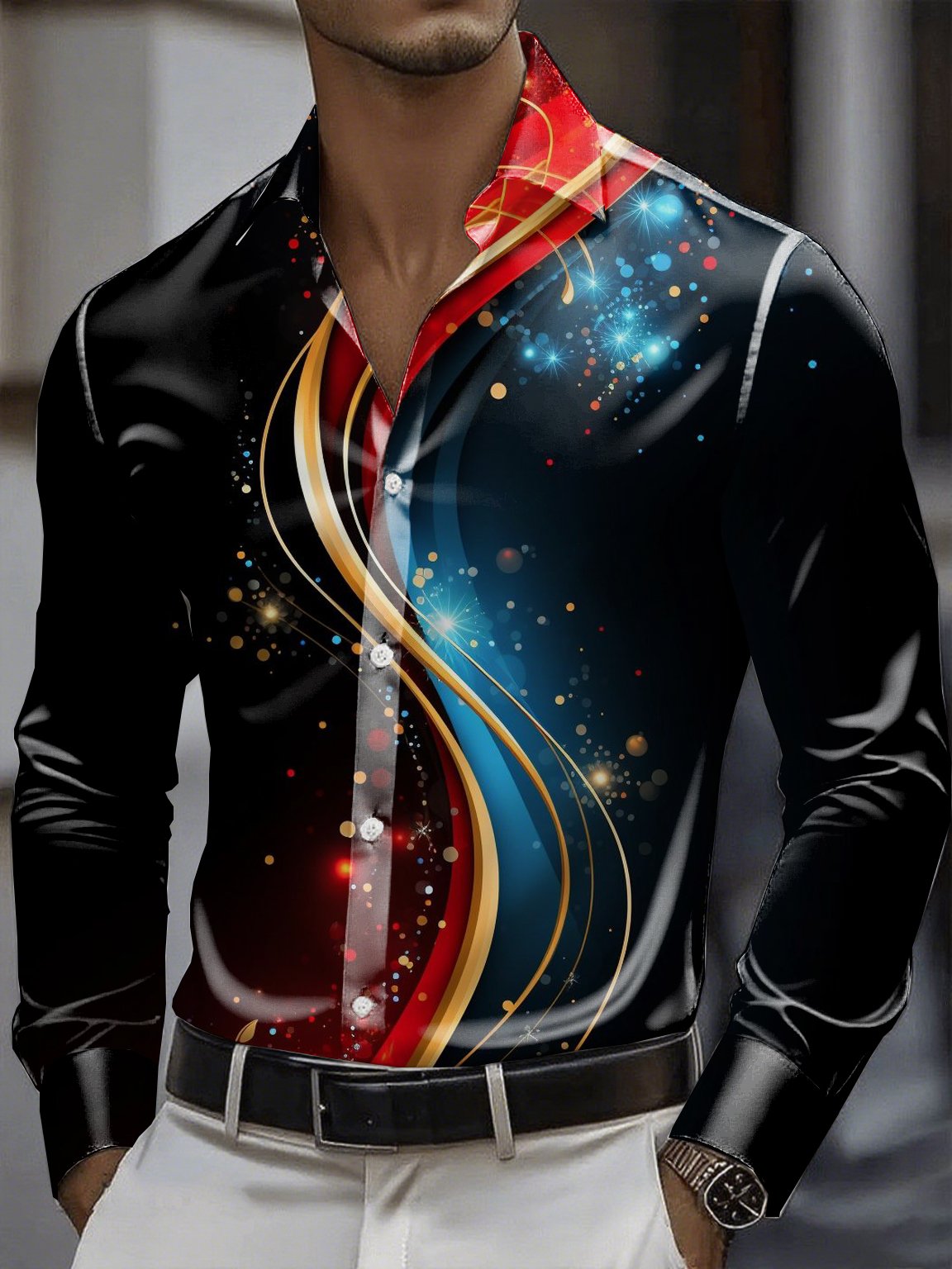 Camisa satén Luxe de manga larga con botones para hombre