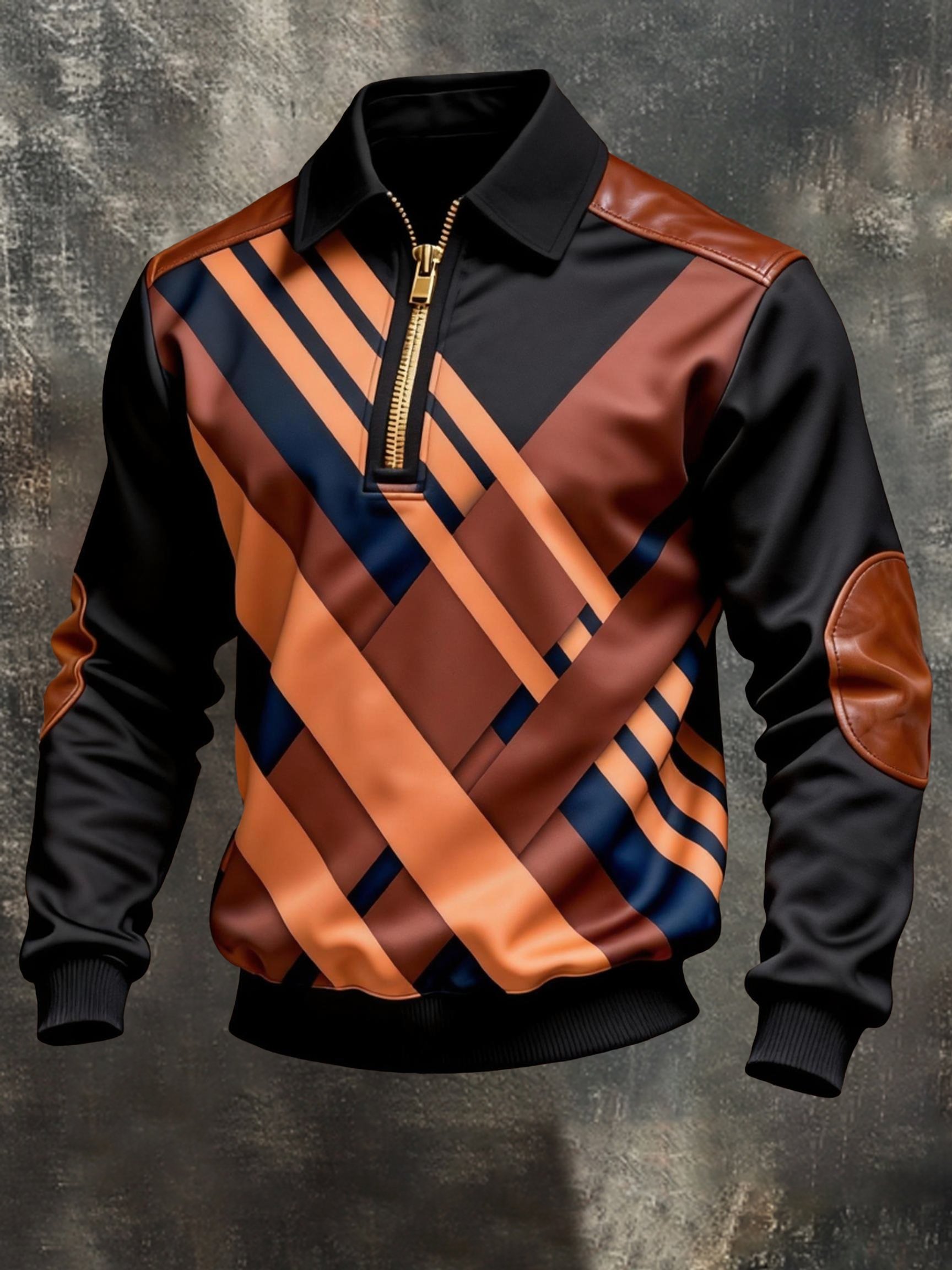 Sudadera vintage Color-Block estampado con cierre con gorrasucha para hombre