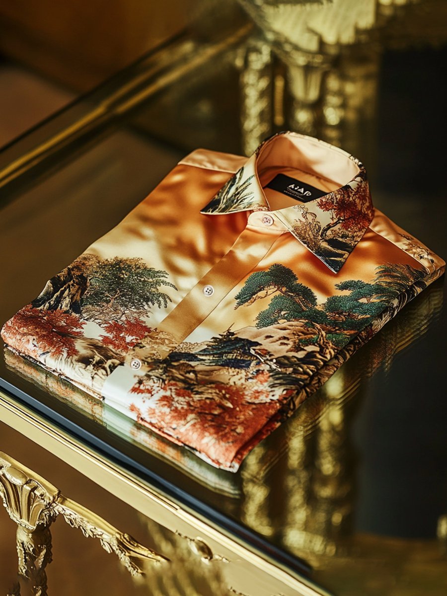 Camisa satén de lujo ejecutivo Ukiyo-E de manga larga para hombre
