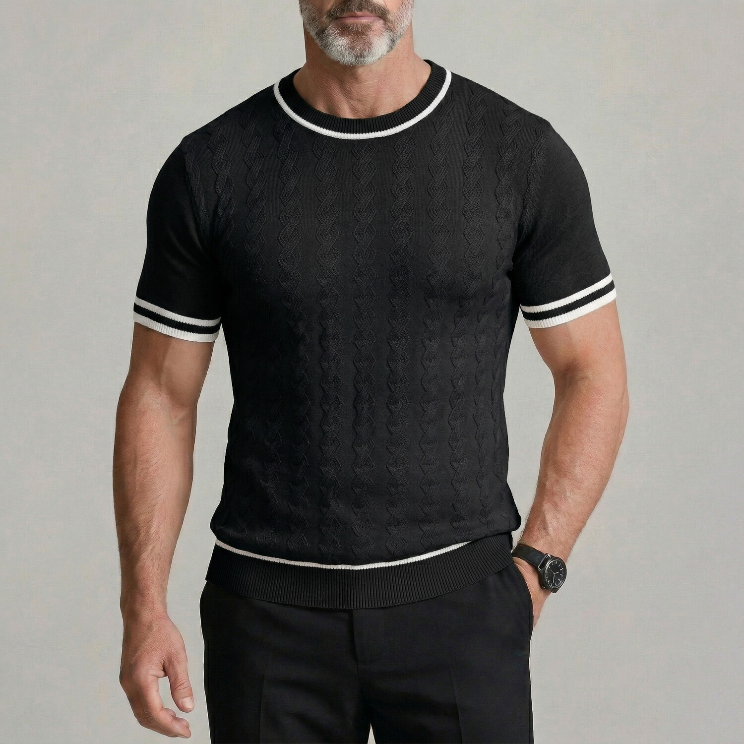 Camiseta casual de color sólido Crew Neck Twisted Cable tejido Tight Fit para hombre