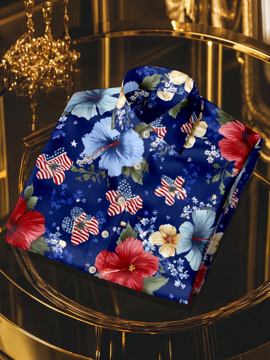 Camisa satén Luxe hawaiano estampado de manga corta Button para hombre