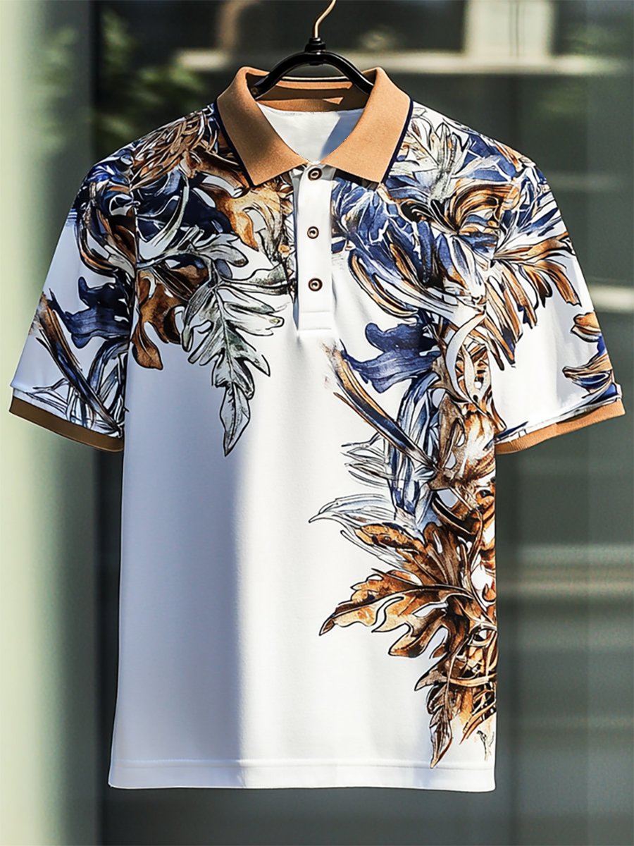 Camisa polo casual Festive floral estampado Button de manga corta para hombre