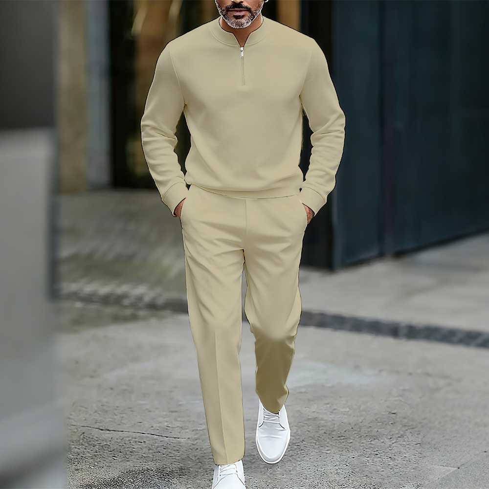 Conjunto de dos piezas casual de color sólido Round-Neck Zipper de manga larga Trousers para hombre
