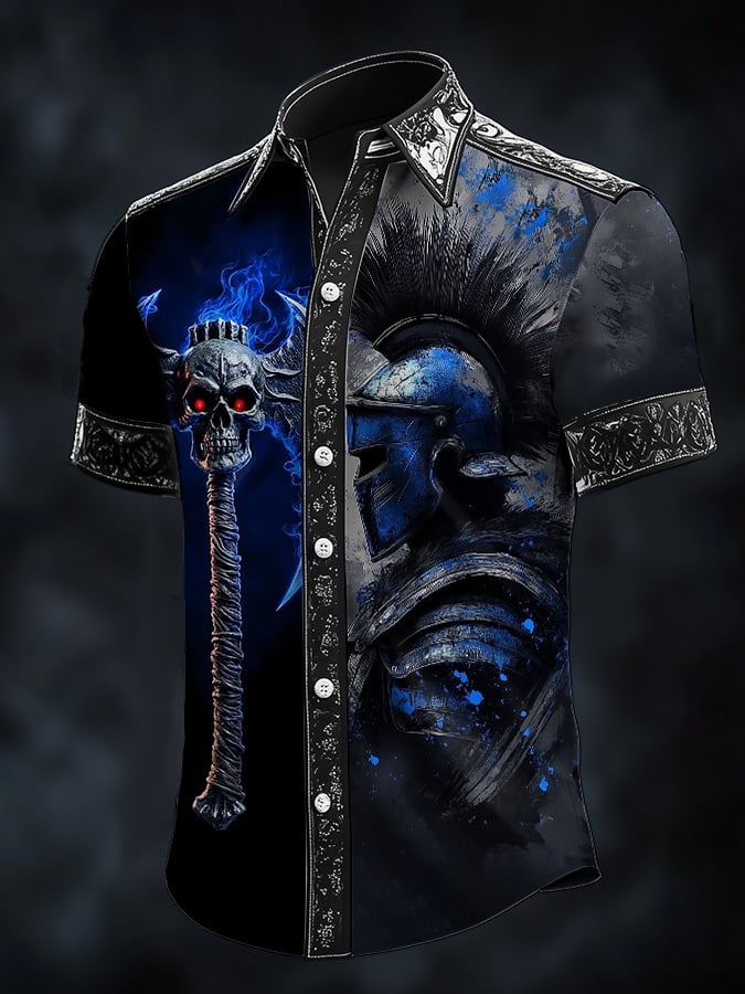 Camisa casual vintage Viking Skull satén para hombre