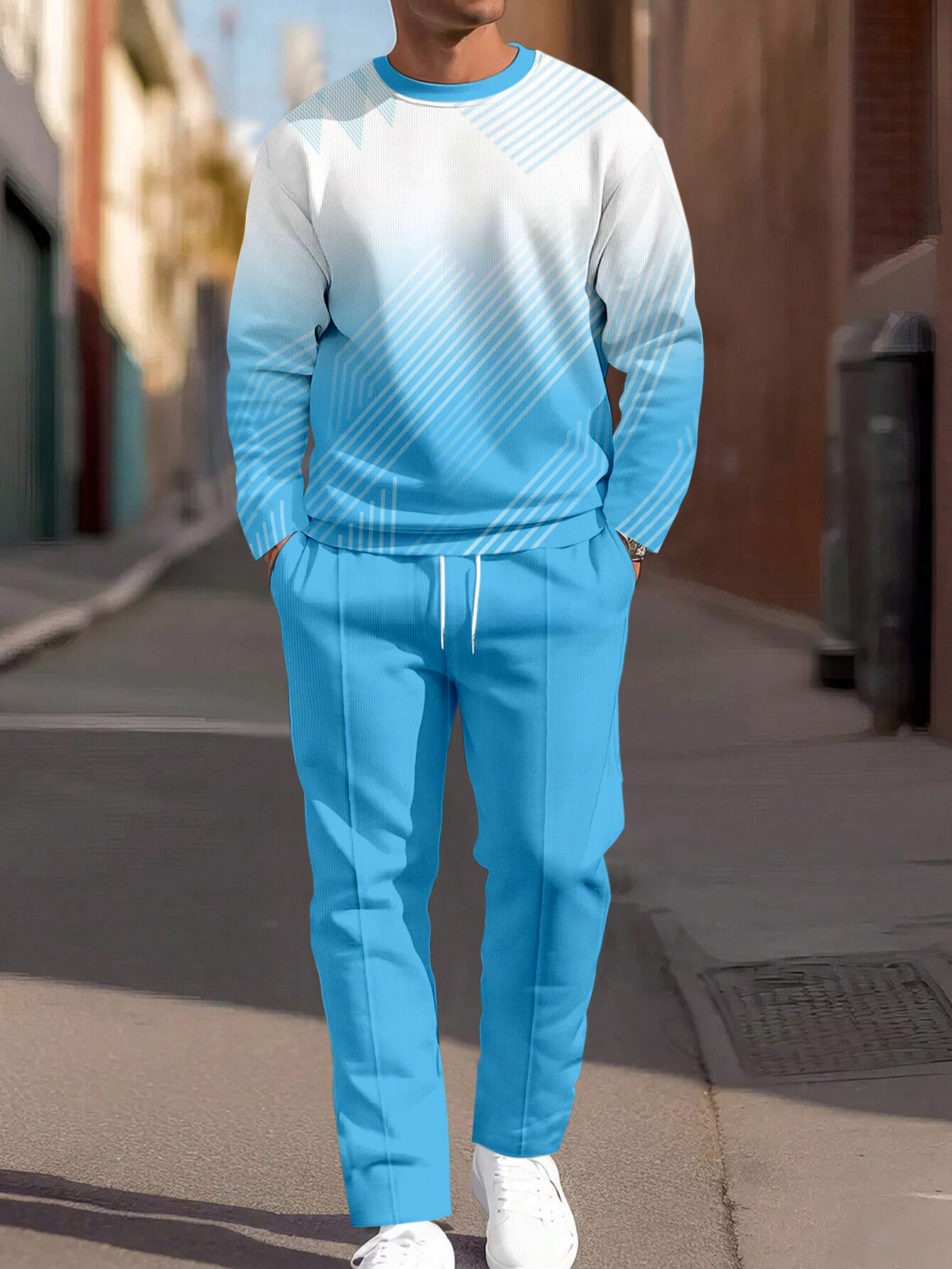 Simple Colorblock Round Neck casual Sports Set 077 para hombre