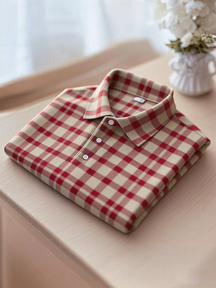 Camisa polo ejecutivo casual Red Khaki a cuadros con botones de manga corta para hombre