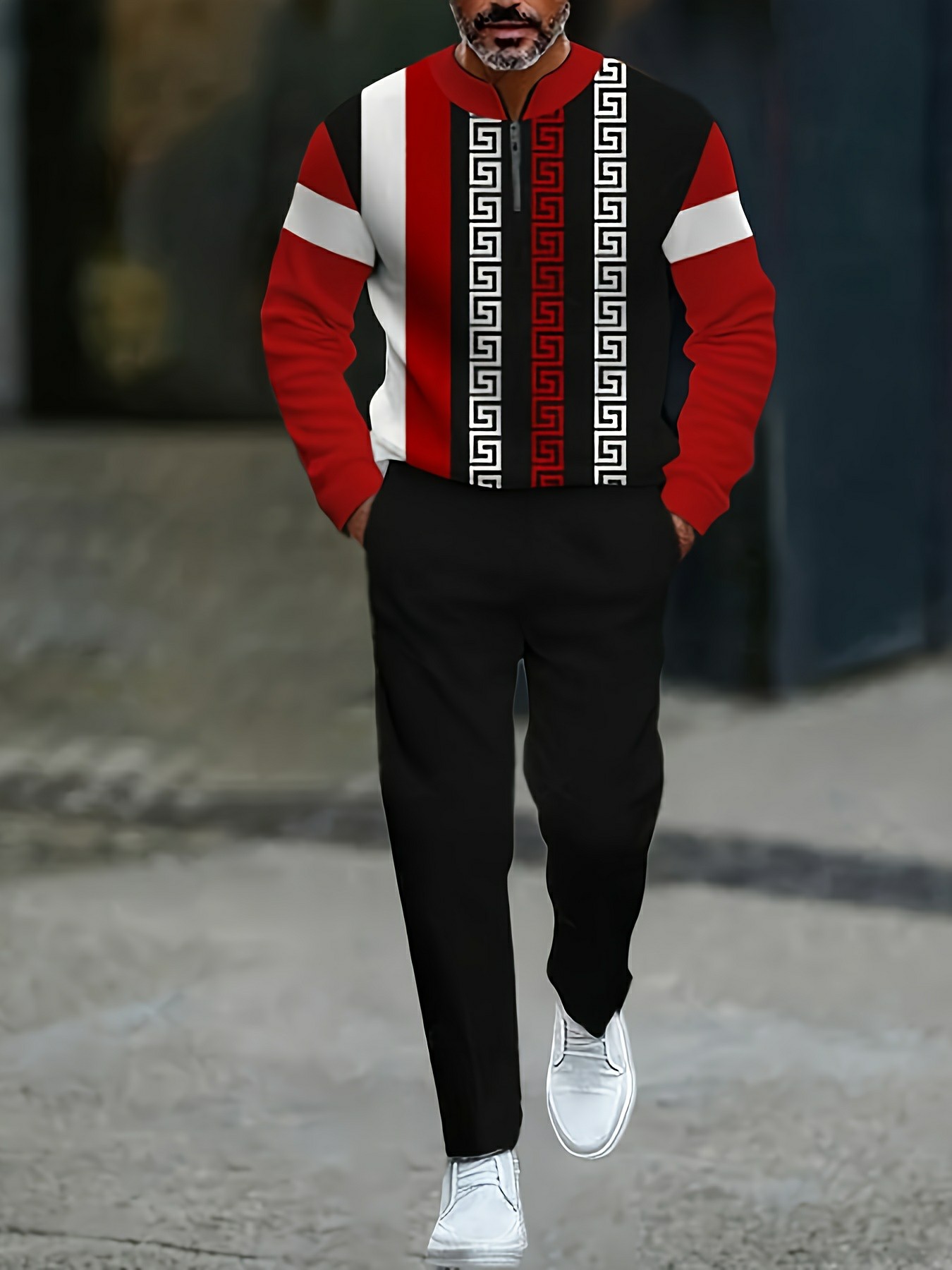 Conjunto de dos piezas casual Black & Red Color Matching a rayas estampado Round-Neck Zipper de manga larga Trousers para hombre