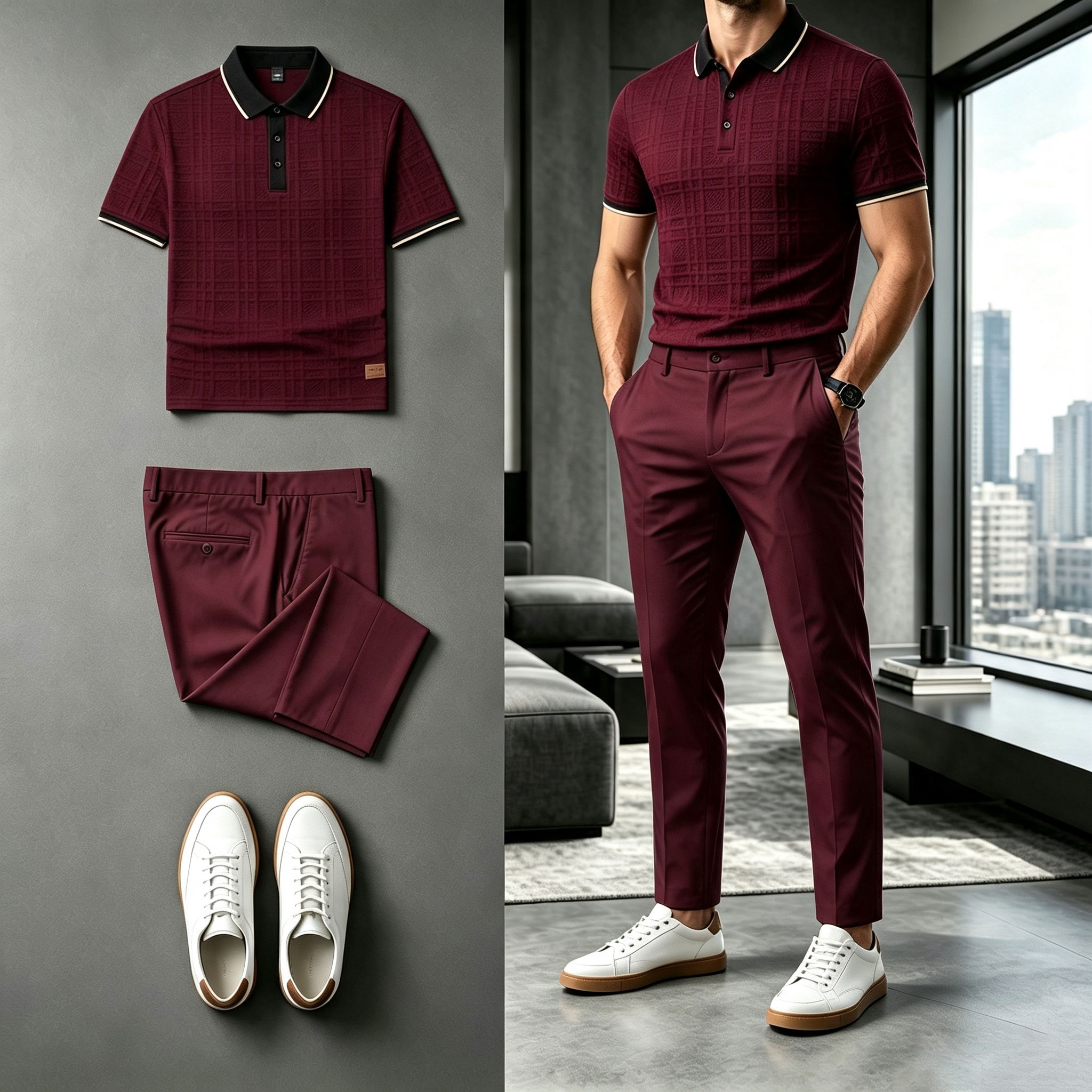 para hombre Burgundy de manga corta camisa polo and pantalón Set