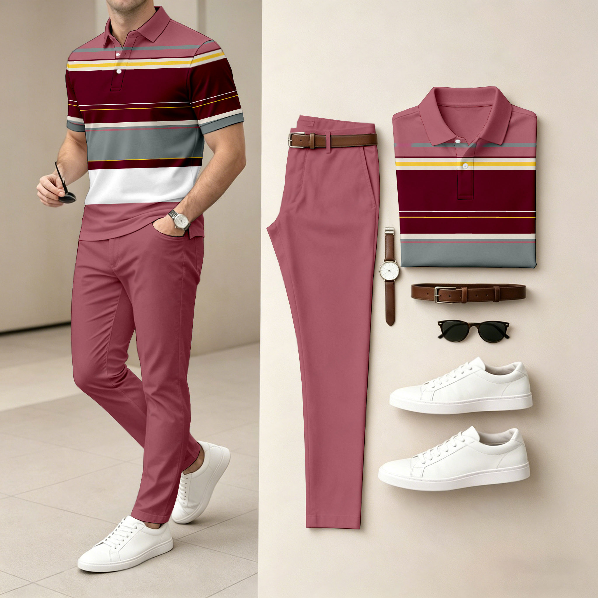 Conjunto de dos piezas casual en bloques de coloring Geometry estampado camisa polo And pantalón para hombre