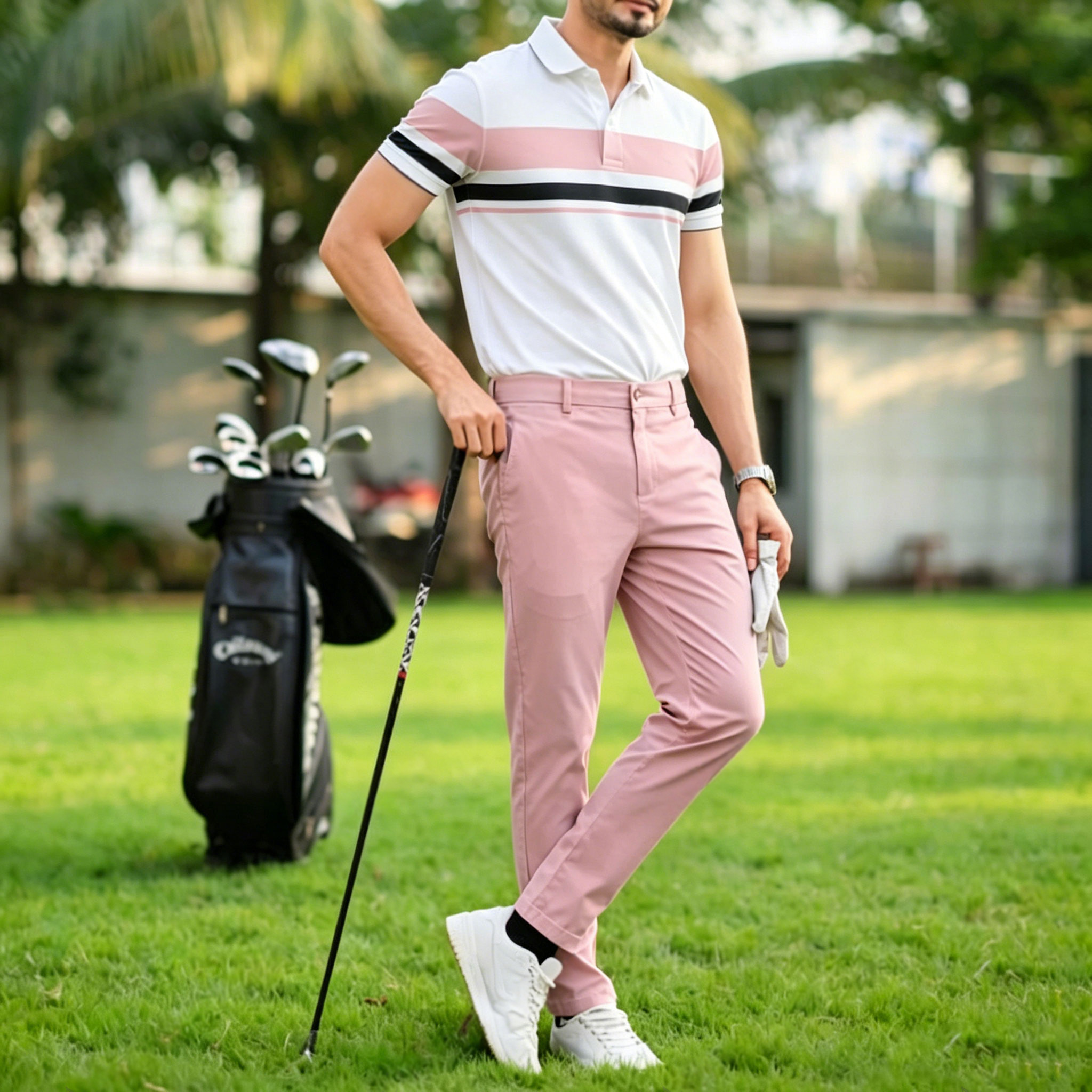 Conjunto de dos piezas casual Pink Geometric estampado camisa polo And pantalón para hombre