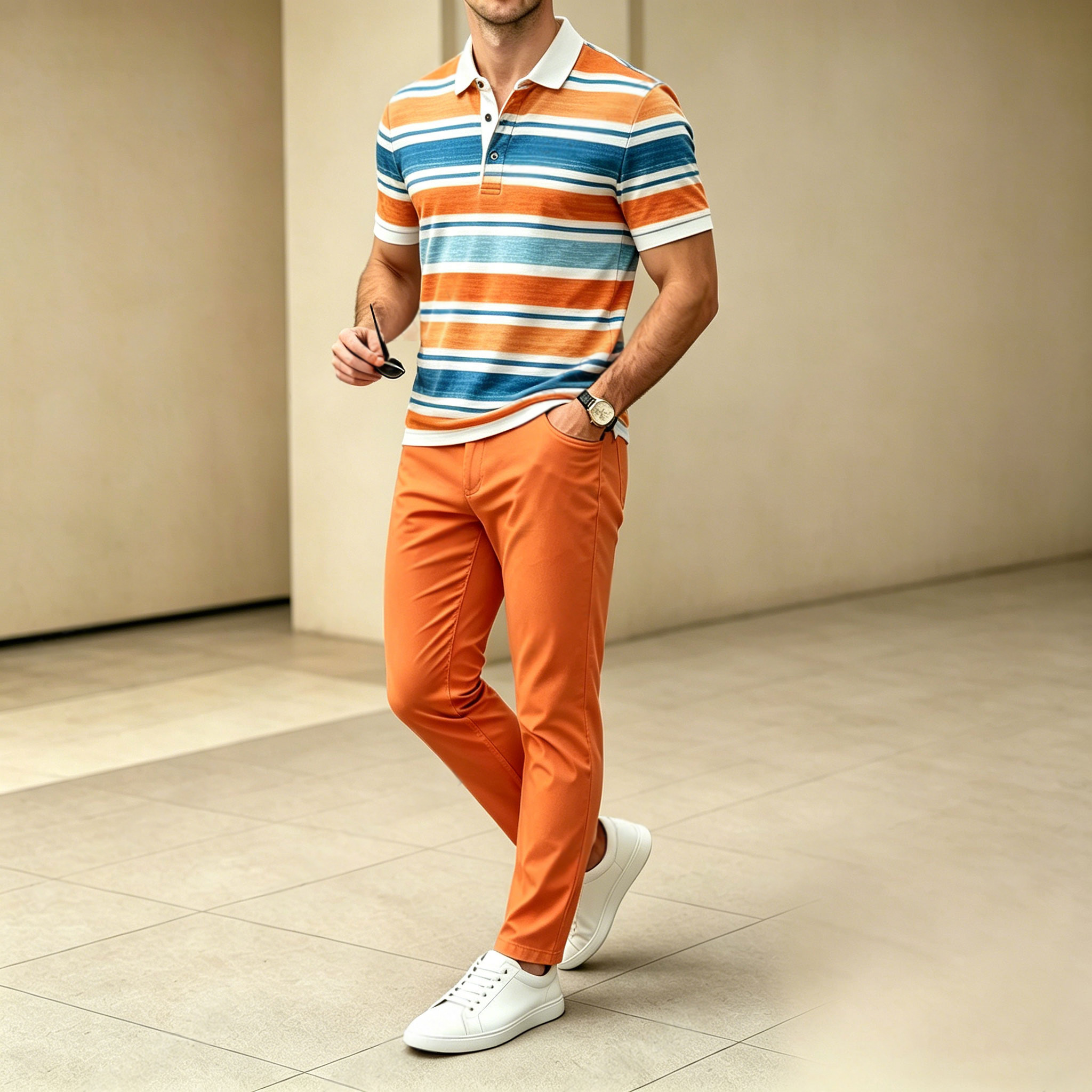 Conjunto de dos piezas casual Orange rayas estampado camisa polo And pantalón para hombre