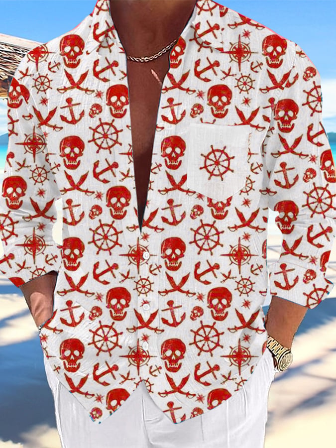 Camisa Nautical Design estampado Lapel Pocket casual para hombre