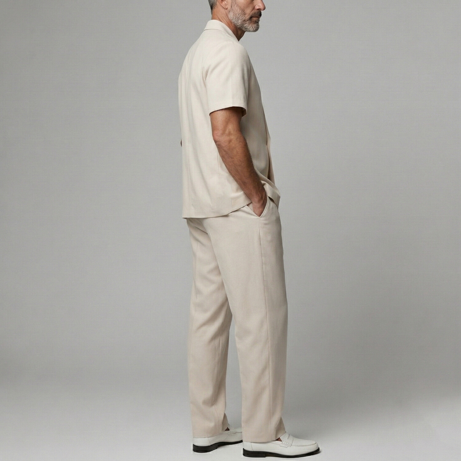 Saco casual Apricot Double Breasted Notched Lapel de manga corta & pantalón 2Pcs Set para hombre