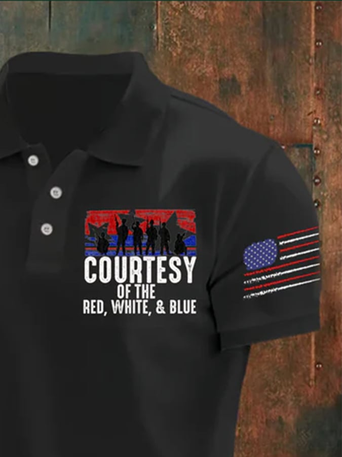Camisa polo casual flag character star letter estampado para hombre