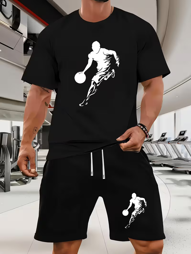 Conjunto de dos piezas casual Sports Ball estampado Crew Neck de manga corta camisa And shorts para hombre