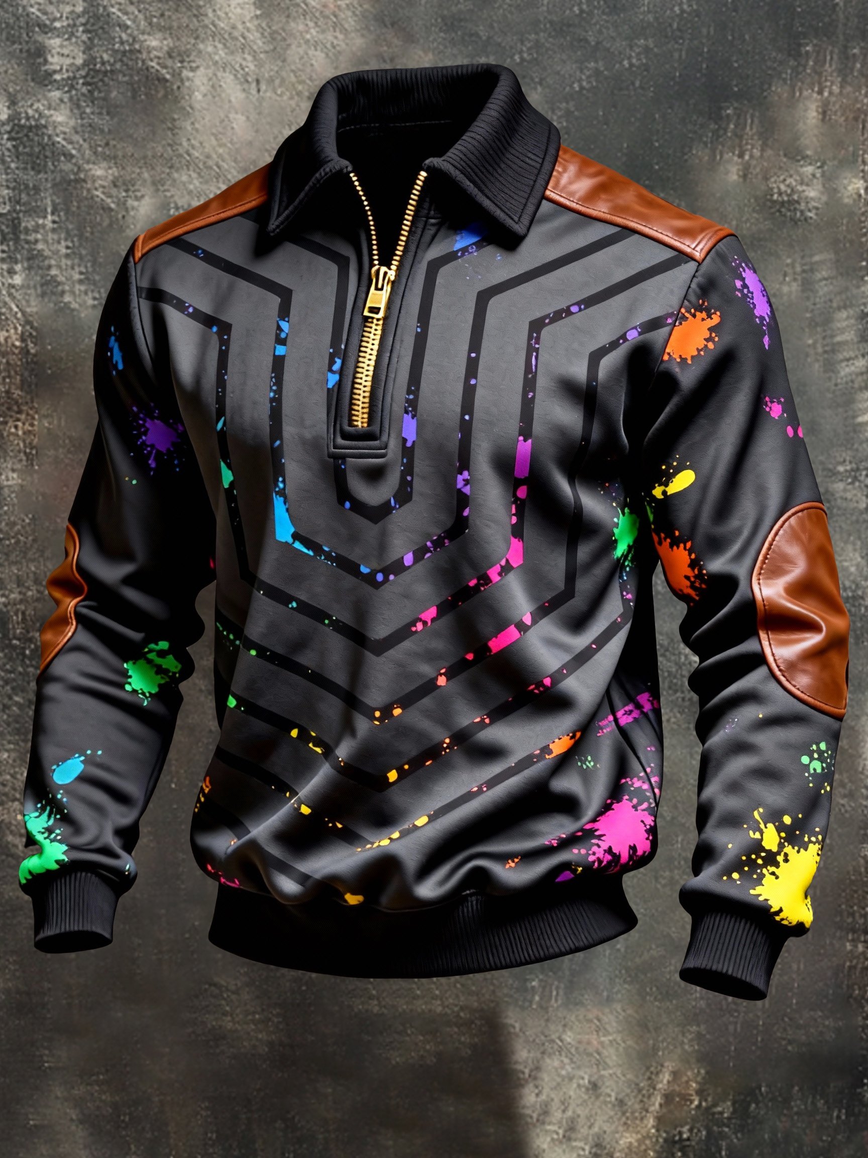Sudadera vintage Color-Block estampado con cierre con gorrasucha para hombre