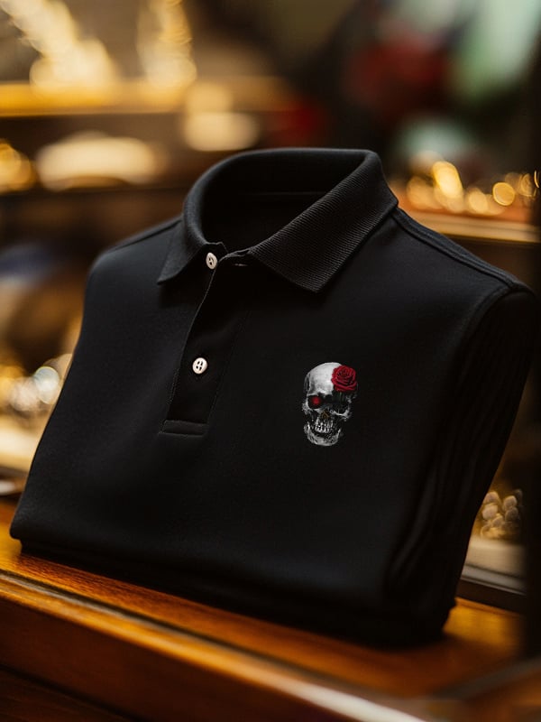 Camisa polo clásico ejecutivo Skull Logo Button de manga corta para hombre