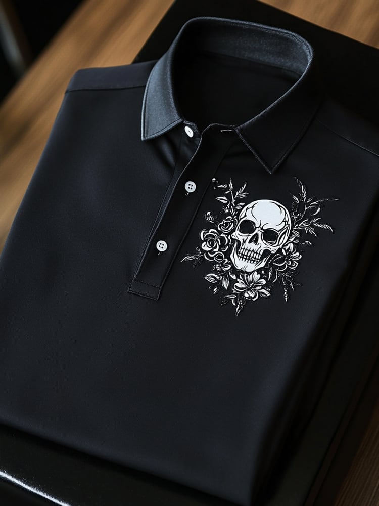 Camisa polo ejecutivo casual Skull estampado Button de manga corta para hombre