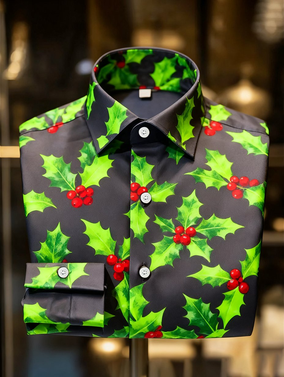 Camisa de lujo Christmas Party de manga larga con botones para hombre